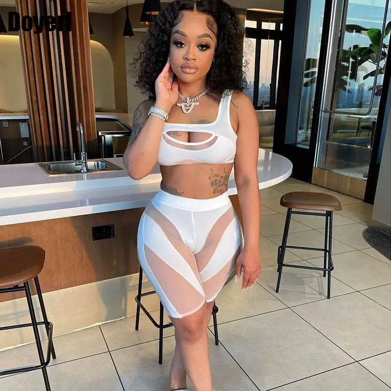 

Sheer Mesh Insert White Two Piece Set Women Outfits Sleeveless Crop Top and Shorts Matching Sets Sexy Club Outfits Summer 2023