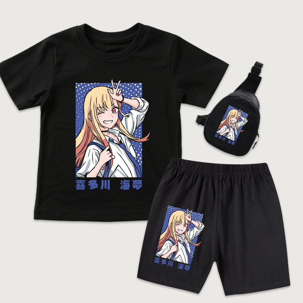 Ensemble 3 pièces pour enfants My Dress Up Darling Marin Kitagawa, t-shirt en coton imprimé anime, short et mini sac de poitrine, tenues d'été pour garçons et filles