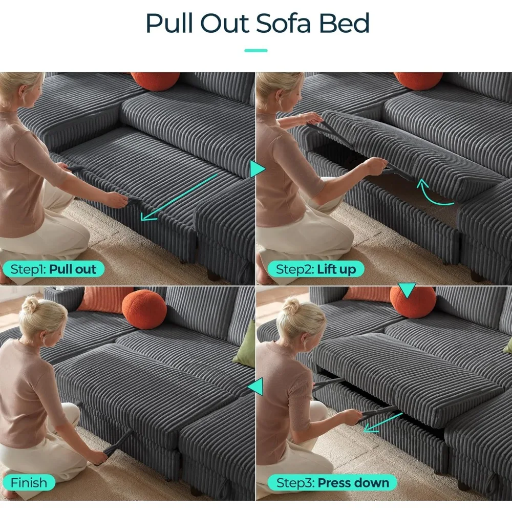 أريكة نوم مقطعية مع أريكة قابلة للسحب، أريكة سحابية من القطيفة قابلة للتحويل مع كرسي تخزين وشحن USB، مريح