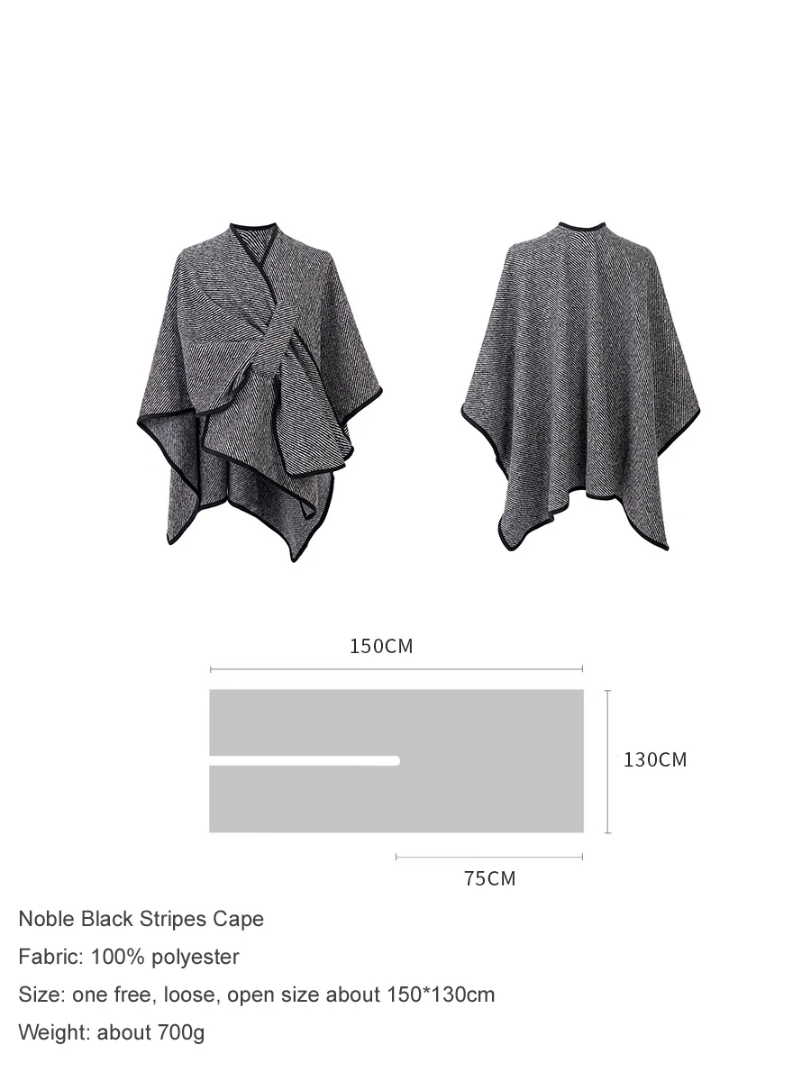 Simple Noble Black Stripes Comfort Wool Blends Coat Cape Fashion Versatile Autumn Winter Women Cloak Outerwear Loose