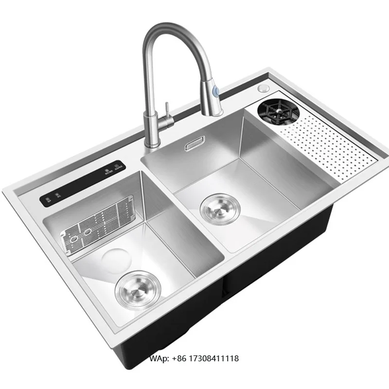 Handmade 304 Stainless Steel Smart Kitchen Sink-6-in-1 Ultrasonic Vegetable Washer Cup & Dish Cleaner Single Bowl for Home Hotel