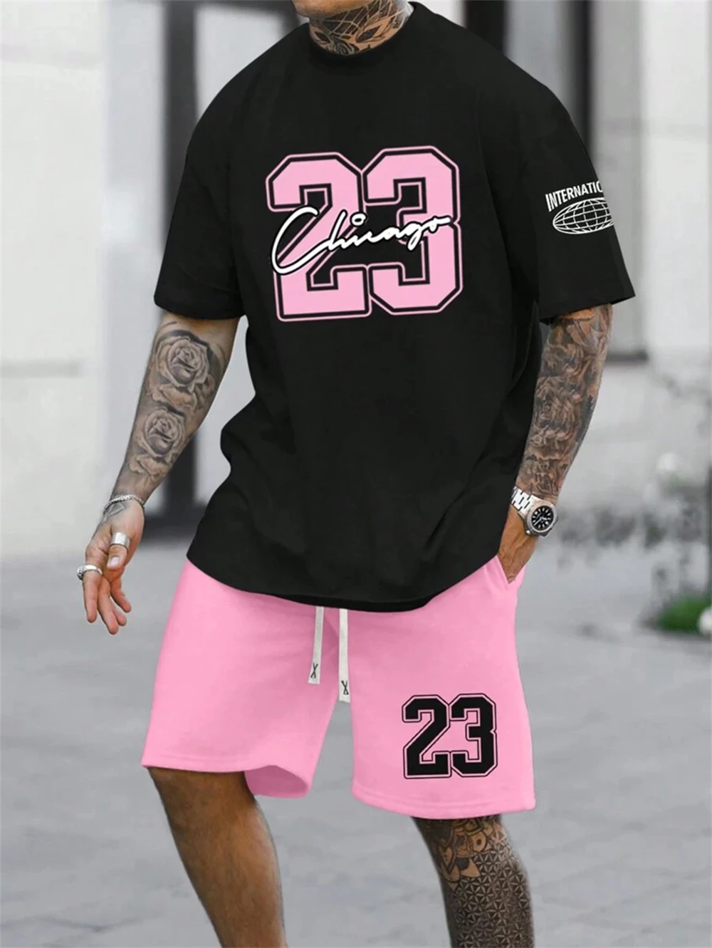 Men\'s Summer Two-piece Set No. 23 Letter Printed T-shirt Casual Short-sleeved Color-matching Shorts Men\'s Summer Clothing