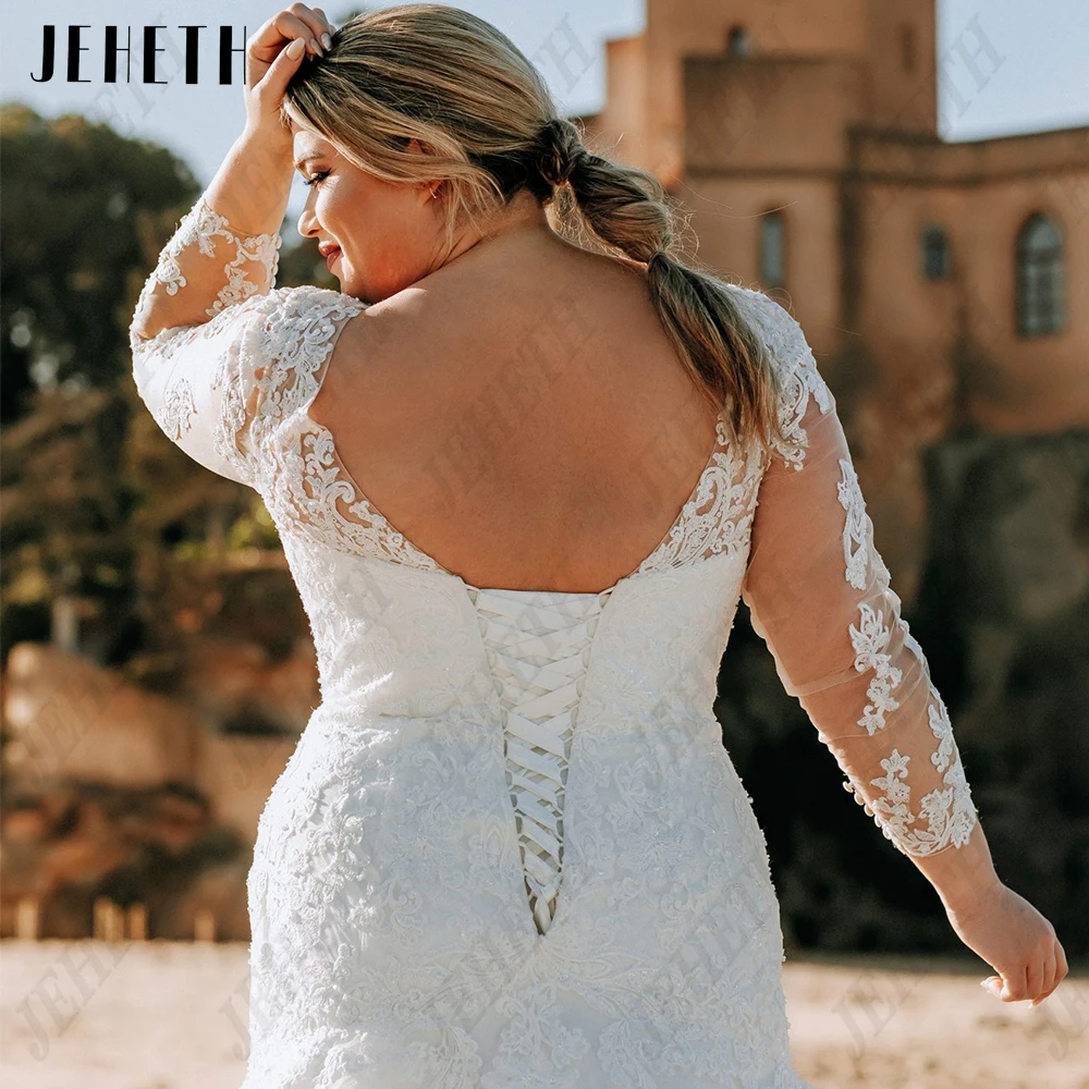 JEHETH Exquisite Mermaid Wedding Dresses For Woman Plus Size Long Sleeves Lace Applique Bride Gowns Tulle vestidos de novia 2023