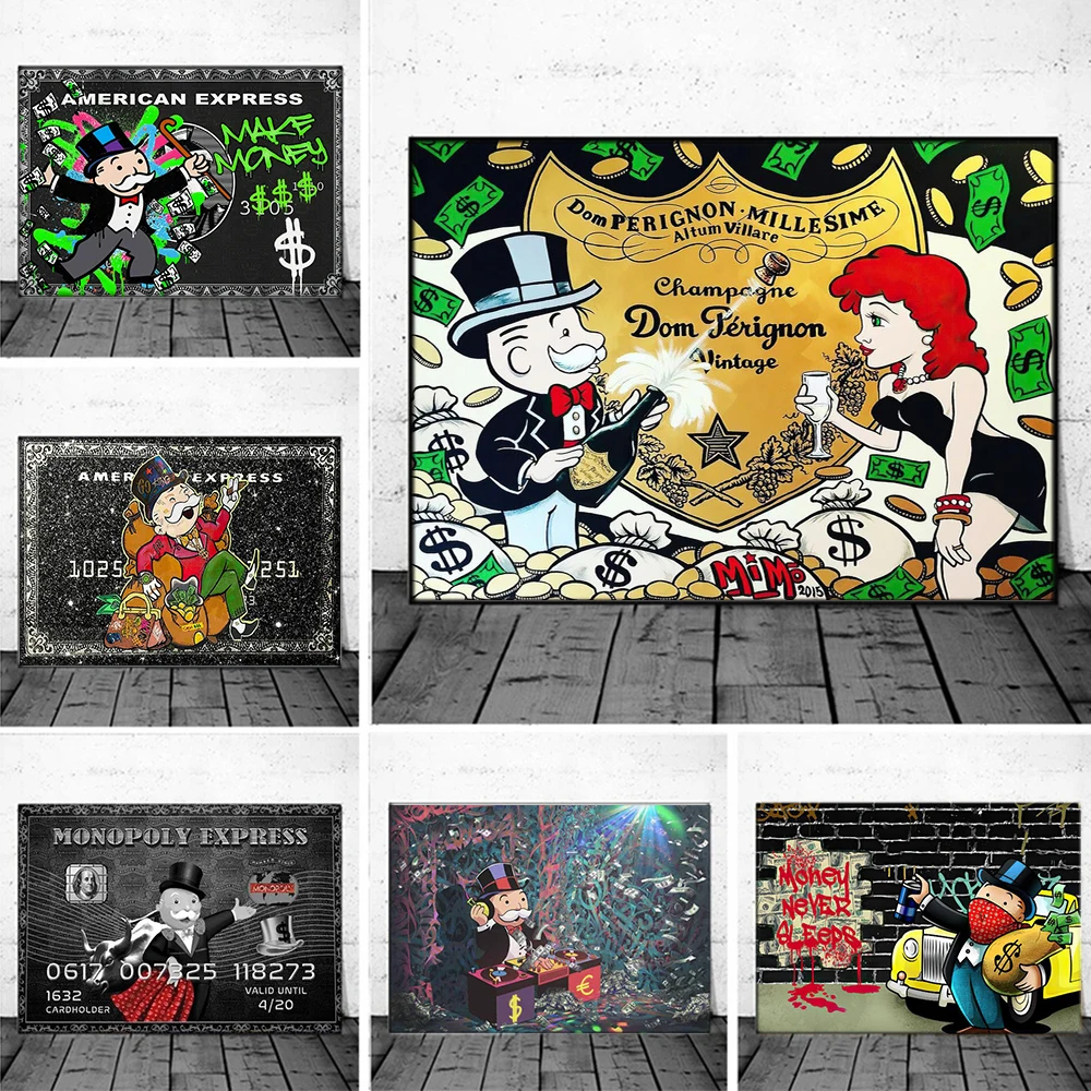 Graffiti Alec Monopoly Cartoon Posters Pop Wall Art Canvas Prints Rich Man Dollars Paintings for Living Room Home Decor Pictures