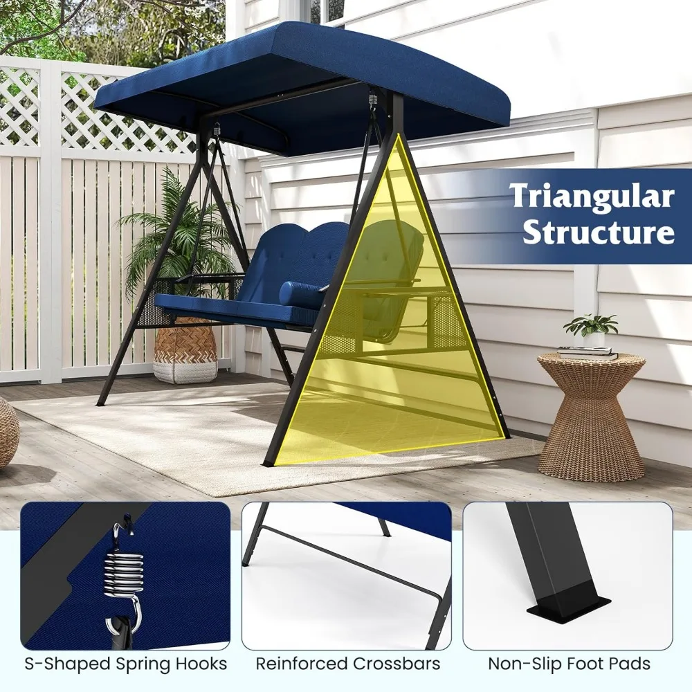 أرجوحة خارجية تتسع لـ 3 أشخاص مع مظلة قابلة للتعديل، وسائد سميكة، إطار معدني، طاولات جانبية قابلة للطي، أرجوحة الشرفة للاسترخاء