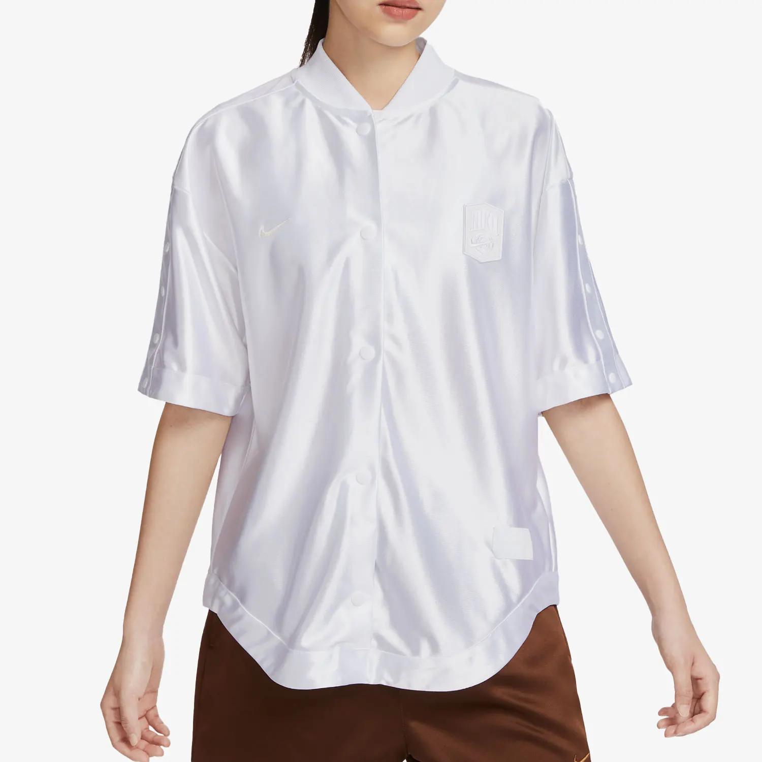 

Nike Authentic New Women's Satin Button Sports Shirt Short Sleeve FQ0700-100