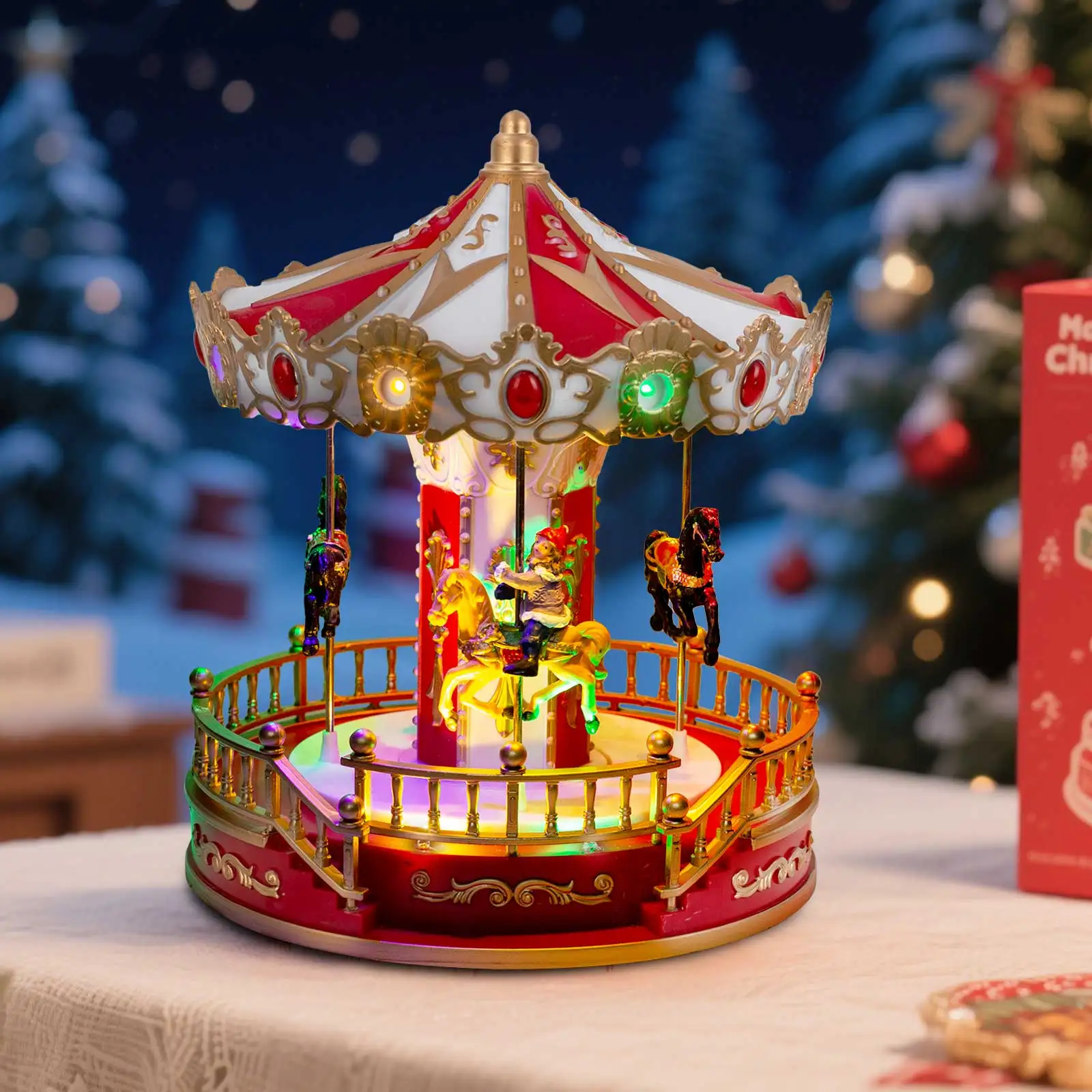 Animiertes Weihnachtskarussell mit musikalischem LED-Licht, Tischdekoration für den Innenbereich, Sammlung Dorfzubehör für die Feiertagspräsentation zu Hause – Detail 2