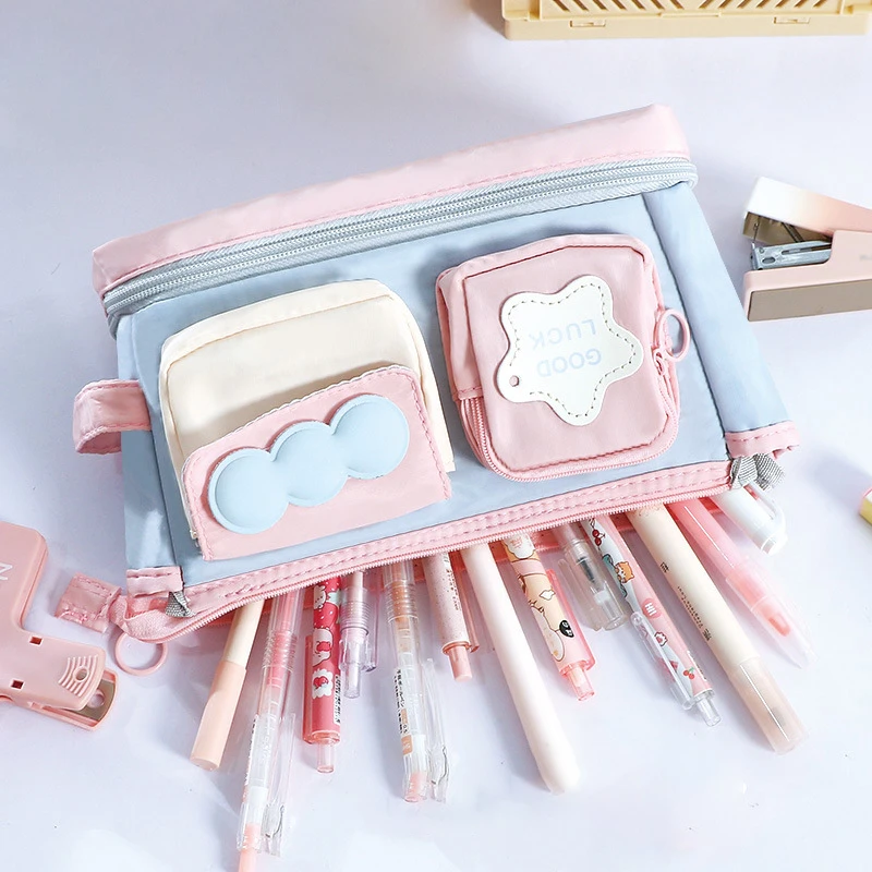 Dopamine Color Block Kawaii Pencil Case - Large Capacity Ins Style Makeup Organizer Bag With Multiple Compartments