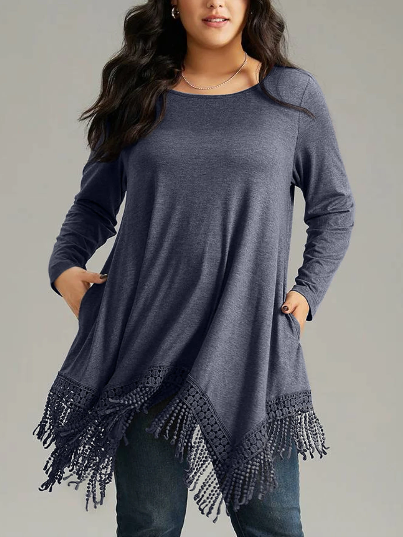 Women's Plus Size Tassel T Shirt Long Sleeve Round Neck Solid Basic Loose Aysmmetric Hem Tee Tops for Autumn 2024 Casual t shirt