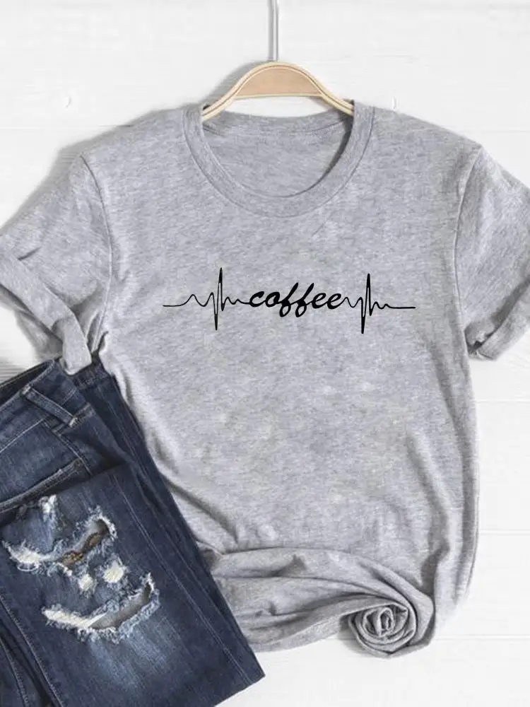 Camiseta con estampado de letras café para mujer, ropa básica, Top de verano, Camiseta estampada de manga corta