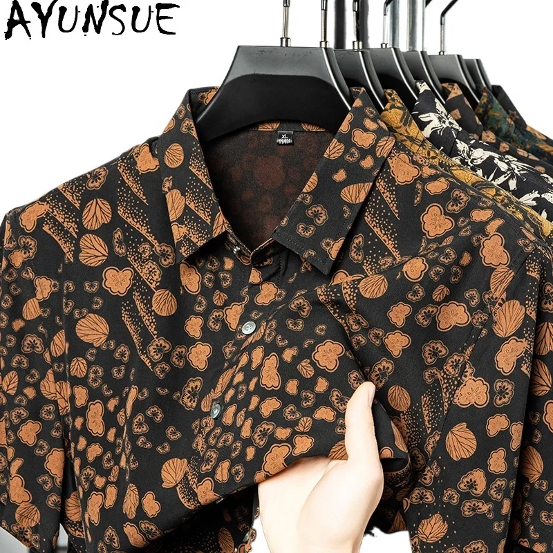 

AYUNSUE 100% Real Mulberry Silk Shirts for Man High Quality Short Sleeve Summer Top 2026 Fashion Printed Shirt Men Clothing New