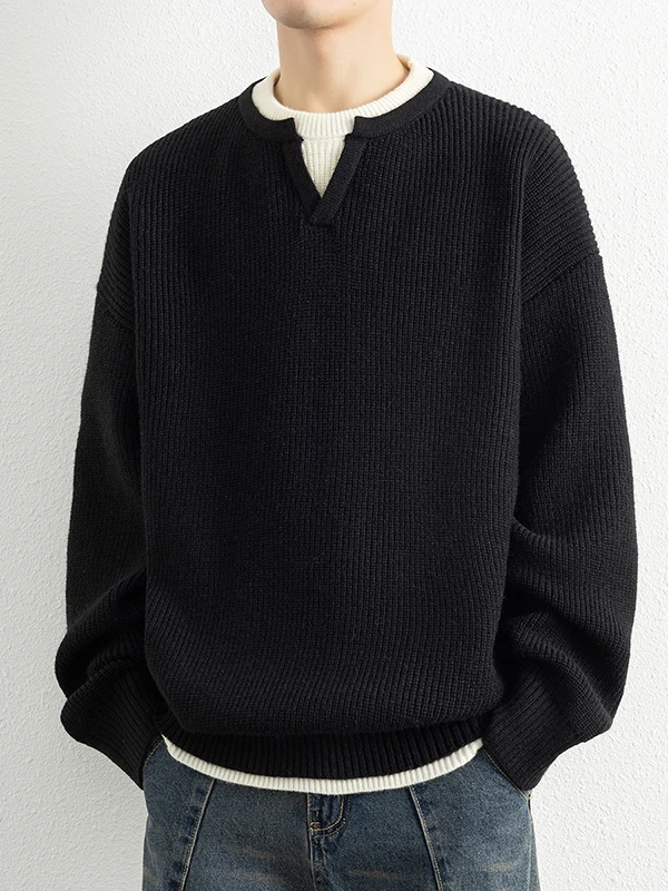 

Casual Sle Men's Knitted Sweater V-Ne Loose Fit Fake Two-Piece Autumn Winter Faionable Outerwear Long Sve Top