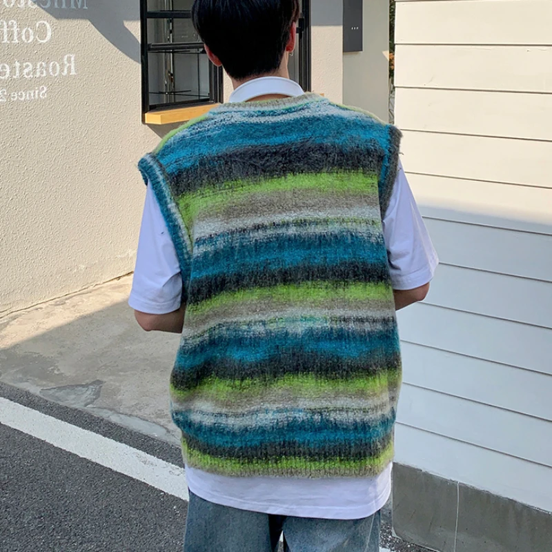 Sweater Vest Casual Loose V-neck Striped Spring Autumn Tie Dye Fashion Retro Soft Japanese Style Unisex Daily Knitting Youthful