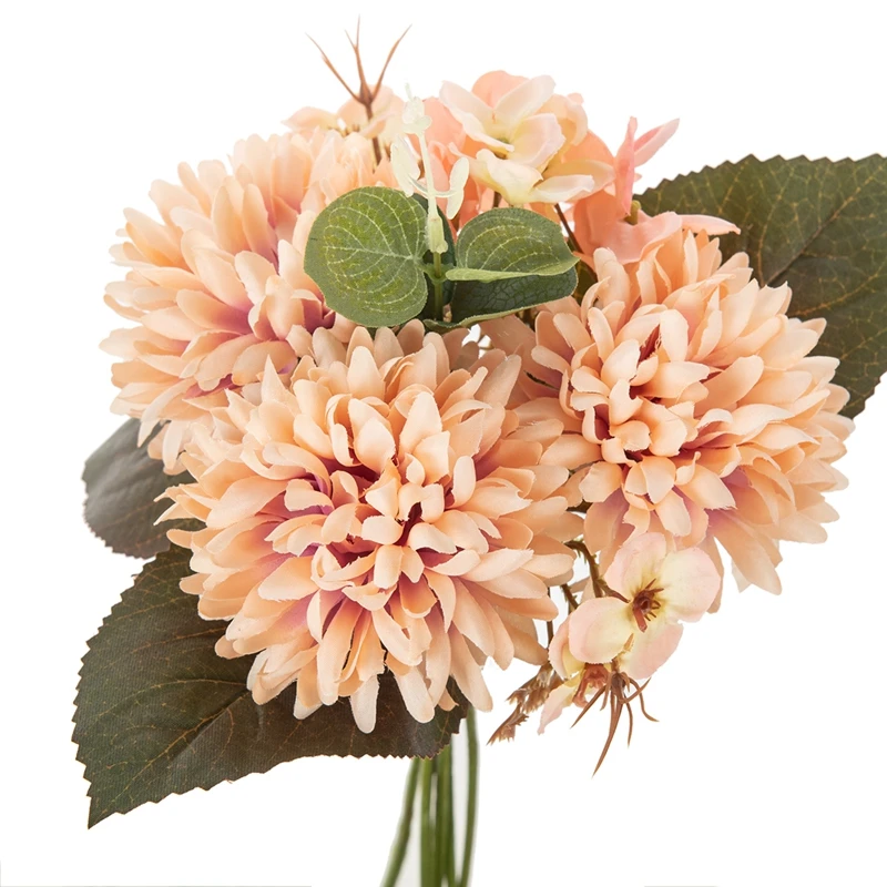 Artificial Flowers 6 Branches Bulbous Chrysanthemum Hydrangea Eucalyptus Leaves Silk Christmas Wedding Bouquet Home Decoration