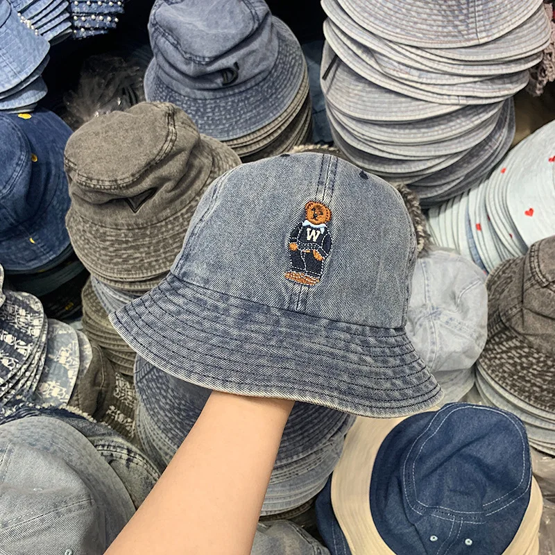 

Cute Bear Denim Bucket Hat for Women - Oval Face Flattering Summer Hat, Adjustable Lightweight Cowboy Cap UPF 50+