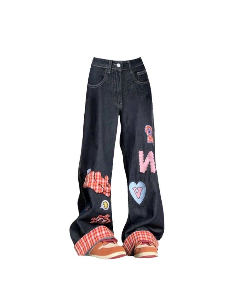 Women\'s Blue Patchwork Baggy Y2k Jeans Harajuku Denim Trousers Streetwear Aesthetic Y2k Jean Pants Vintage 2000s Trashy Clothes