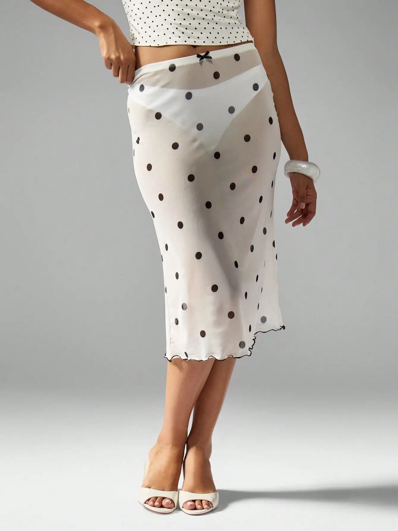 

New Polka Dot Skirt Women 95% Polyester 5% Spandex High Waist Bodycon Pencil Skirt With Bow White Dots On Black Base S M L