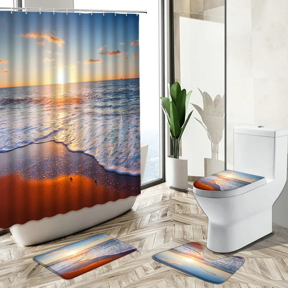 Ocean Scenery Bathroom Shower Curtain Set Sunset Glow Beach Natural Landscape Photography Non-Slip Rug Toilet Lid Cover Bath Mat