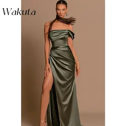 Wakuta Fashion One Shoulder Mermaid Bridesmaid Dress with Slit Satin Maxi Prom Formal Evening Gown Vestidos De Fiesta for Women