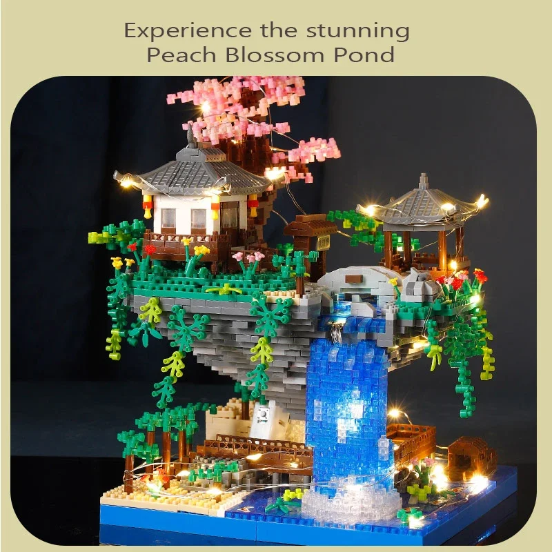 Ancient Architecture Peach Blossom Pond Castle Girl Model Building Block Assembly High difficulty Children\'s Toy