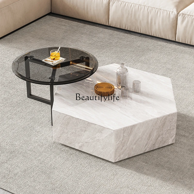 

Living room light luxury rock slab coffee table group high-end villa solid wood modern simple square