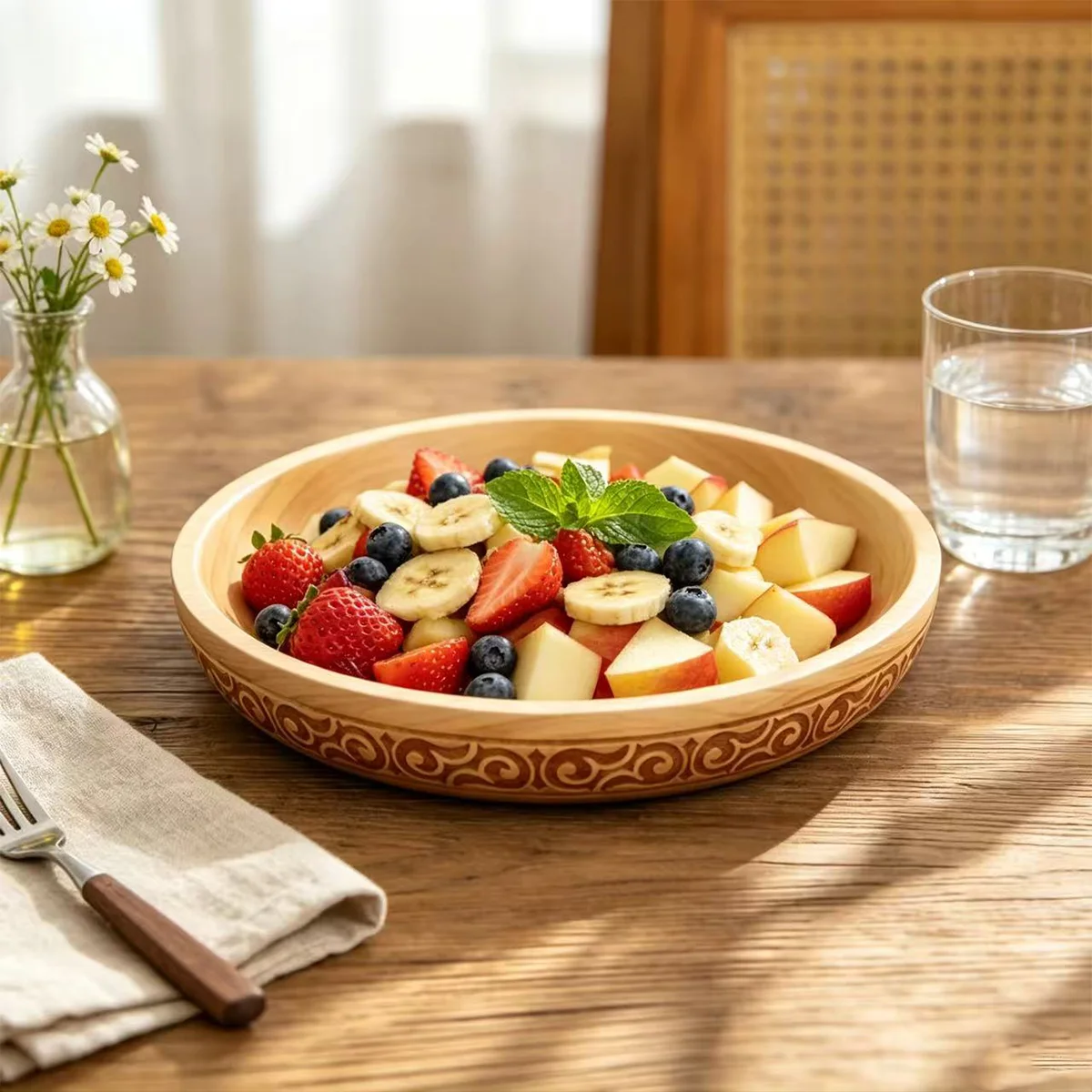 1Pc Carved Wooden Salad Plate, Natural Solid Wood Food Serving Bowl, Fruit and Vegetable Mixing Bowl, Kitchen Table Home Decoration Ornament