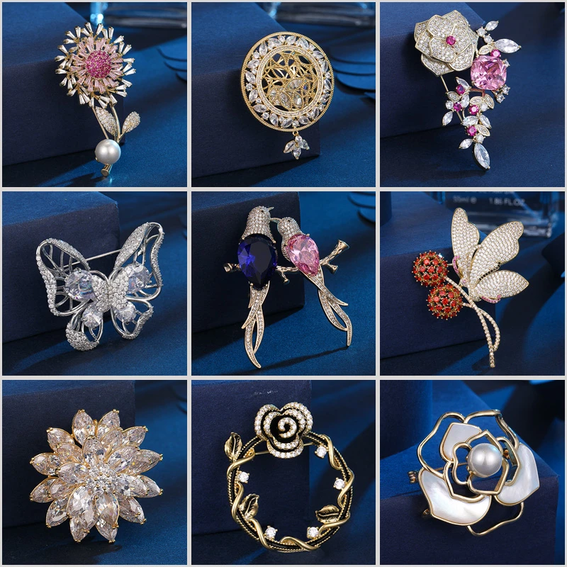 

New Luxury AAA Zircon Brooches for Women Fashion Dandelion Lotus Lovebird Butterfly Dragonfly Brooch Pin Party Accessories Gift