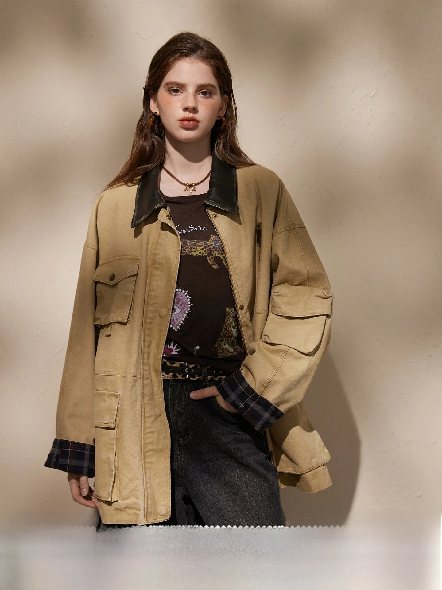 

Retro Heavyweight Cotton Plaid Shirt Jacket Women's Autumn Winter Short Outerwear Pure Cotton Turn-down Collar Hunting Style