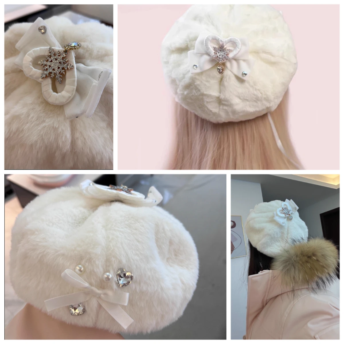 

Mine Octagonal Hats Cute Girl Sweet Cool Lace Rhinestone Love Bowknot Painter Hat Female Japanese Black and White Lolita Caps