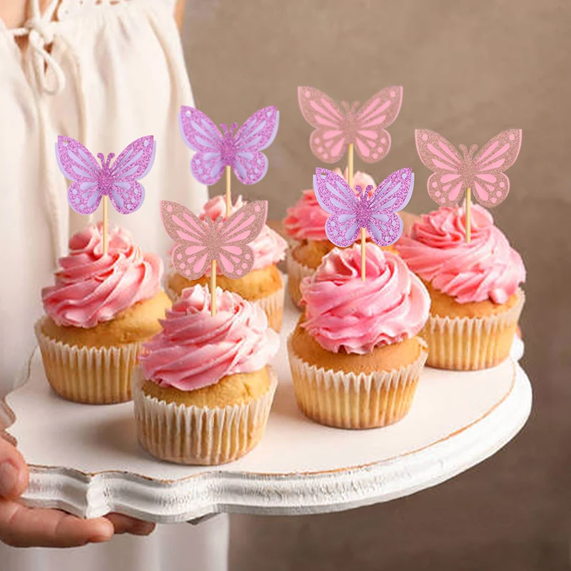 12pcs Butterfly Cake Decoration Pink Purple Fairy Butterfly Cake Topper Happy Birthday Decoration Wedding Party Decor Supplies