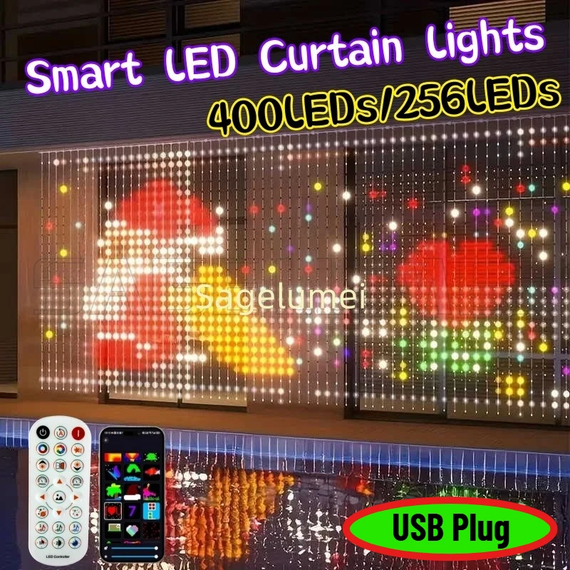 Smart LED Curtain Lights LED Fairy Lights App Control Music Sync DIY Pattern Waterproof for In/Outdoor Party Decor 256/400LEDs