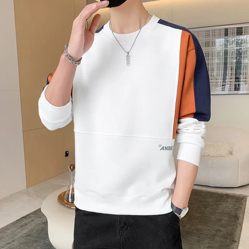 

Letter Sweatshirt Men's Casual Shirt Round Neck Hoodless Sweatshirt Contrast Long Sleeve Pullover Mans Hoodies Streetwear