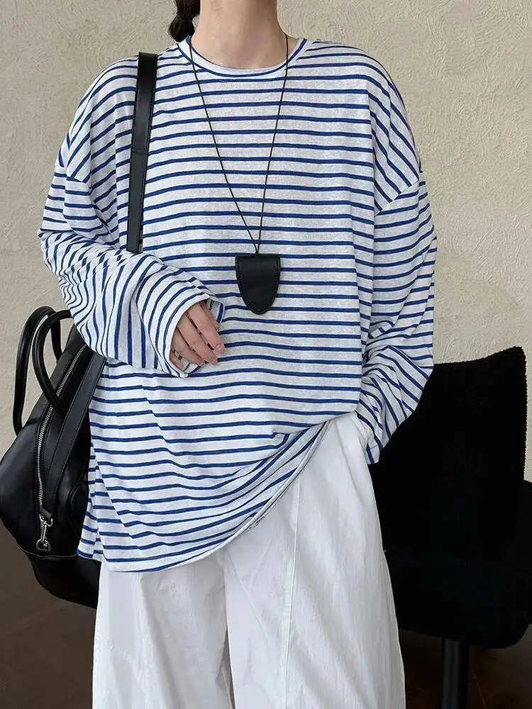 

Женская повседневная футболка большого размера в синюю и черную полоску, новая модная футболка с круглым вырезом и длинным рукавом, весна-осень