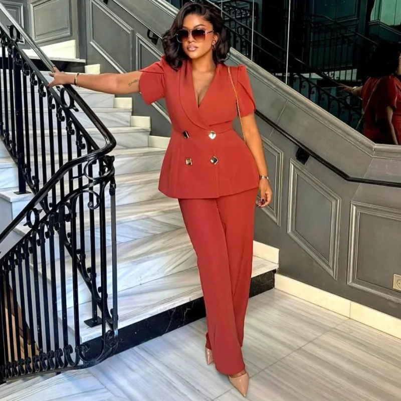 African Women 2 Piece Blazer Pants Set Elegant Short Sleeve Slim Fit Peplum Jacket Straight Trousers Office Business Suit Outfit