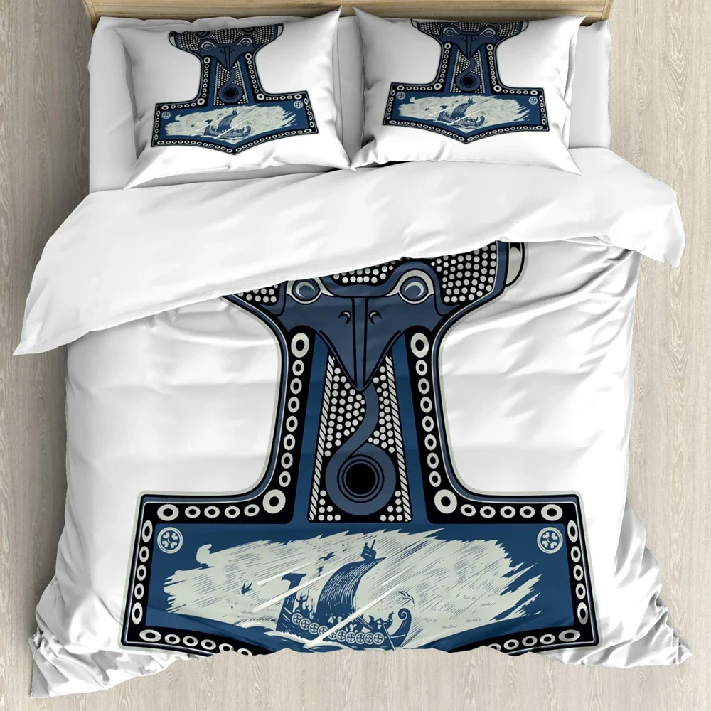 Viking Duvet Cover Set, Scandinavian Folklore Motifs Northern Germanic Culture Mjollnir,2/3pcs Bedding Set King Size, Slate Blue