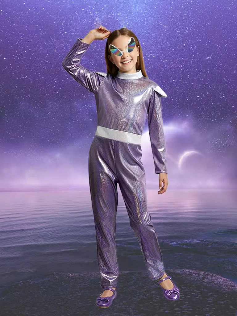Disfraz de Alien de una Pieza para Niñas: un Mono + una Máscara para los Ojos, la Tela Láser Morada es el Alma de este Atuendo, Apresenta un Brillo Degradado Similar al Arcoíris bajo la Luz, Ideal para Halloween y Diversos Festivales de Carnaval, Disfraces para Actuaciones en Escenario.