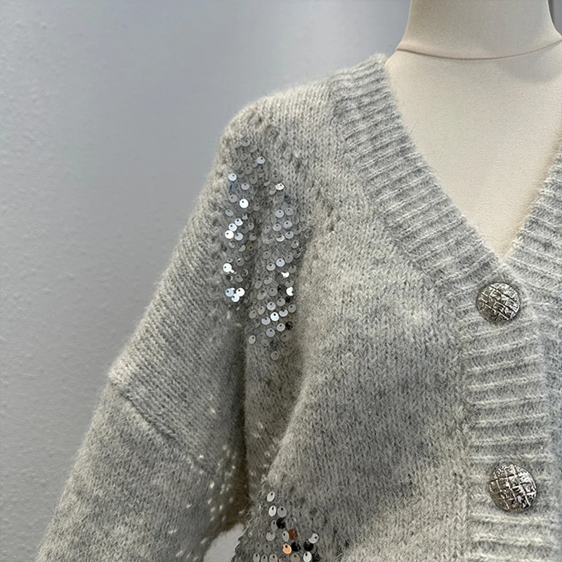 Glänzende Pailletten-Strickjacke für Damen, Herbstmode, V-Ausschnitt, einfarbig, weich, warm, Pullover im französischen Stil