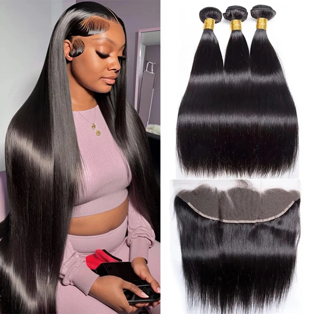 

30 Inch Straight Bundles with Closure Frontal Brazilian Double Drawn 100% Human Hair Bundles with Frontal 13x4 Pre Plucked Lace