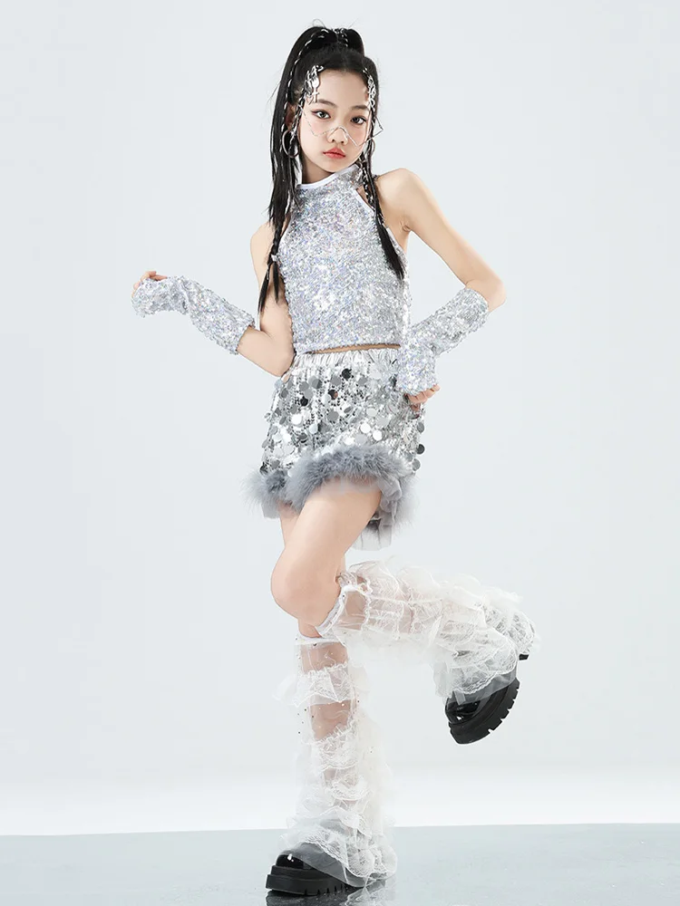 Girls Silver Sequin Hip Hop Costume Crop Top Sequin Top Short for Kids Jazz Clothes Street Dance Stage Sets