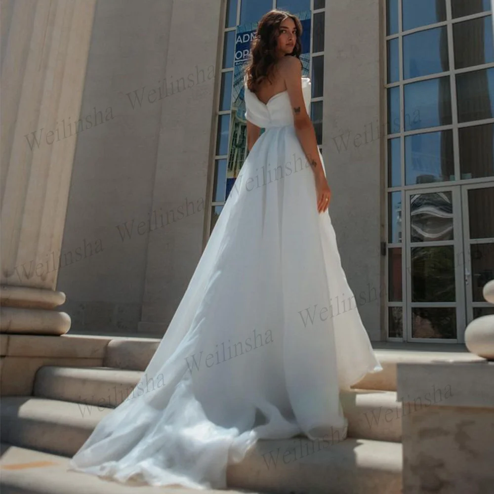 Vestido De boda De Organza para mujer, apliques De lentejuelas De un hombro, plisado, tren De barrido, cremallera trasera