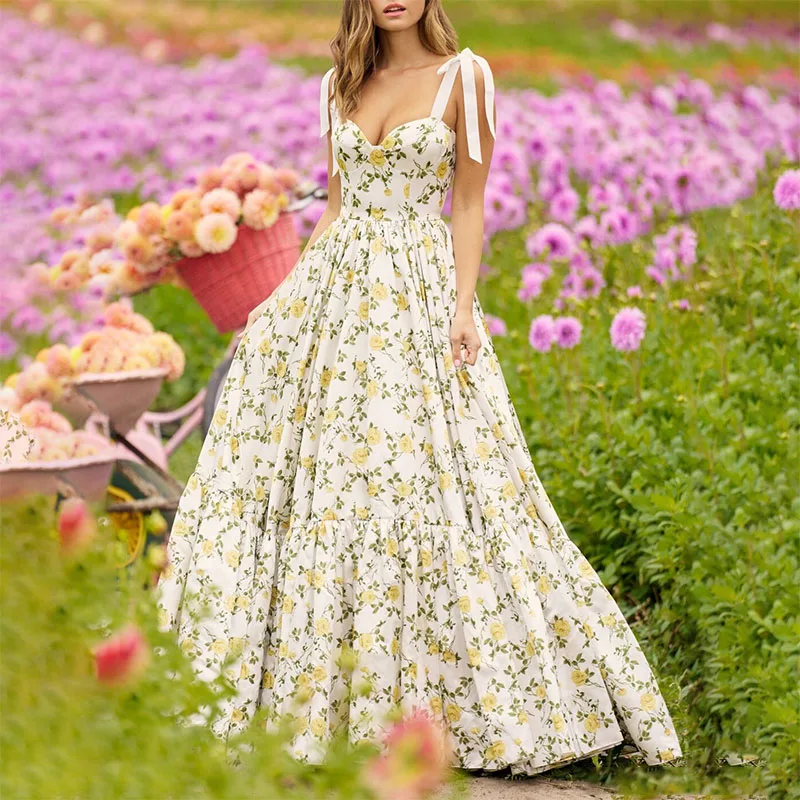 

Long Floral Print Prom Dresses for Women Spaghetti Strap Floor-Length A-Line Special Events Wedding Gala Evening Party Gown 2023