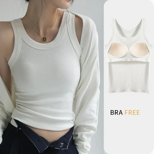 Imagen 1 del producto Camiseta sin mangas con sujetador incorporado sin costuras para mujer, Sujetador deportivo sin aros, camisa sin mangas de verano, chaleco de entrenamiento transpirable con combinación de camiseta