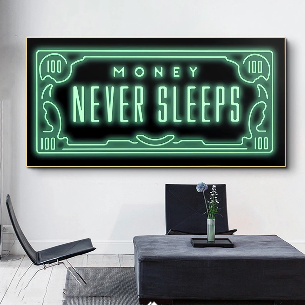 1pc Frameless  Money Never Sleeps Canvas Art Posters And Prints Inspiring Phrases Abstract Paintings On the Wall Pictures Home D