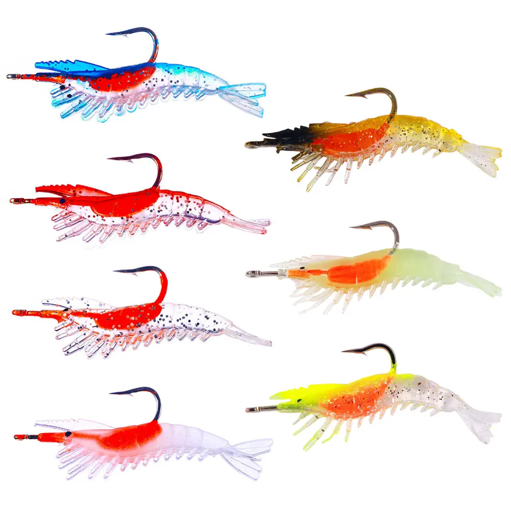 5PCS/lot soft simulation silicone shrimp lures soft fishing lures artificial shrimp luminous leaded Fishing hooks