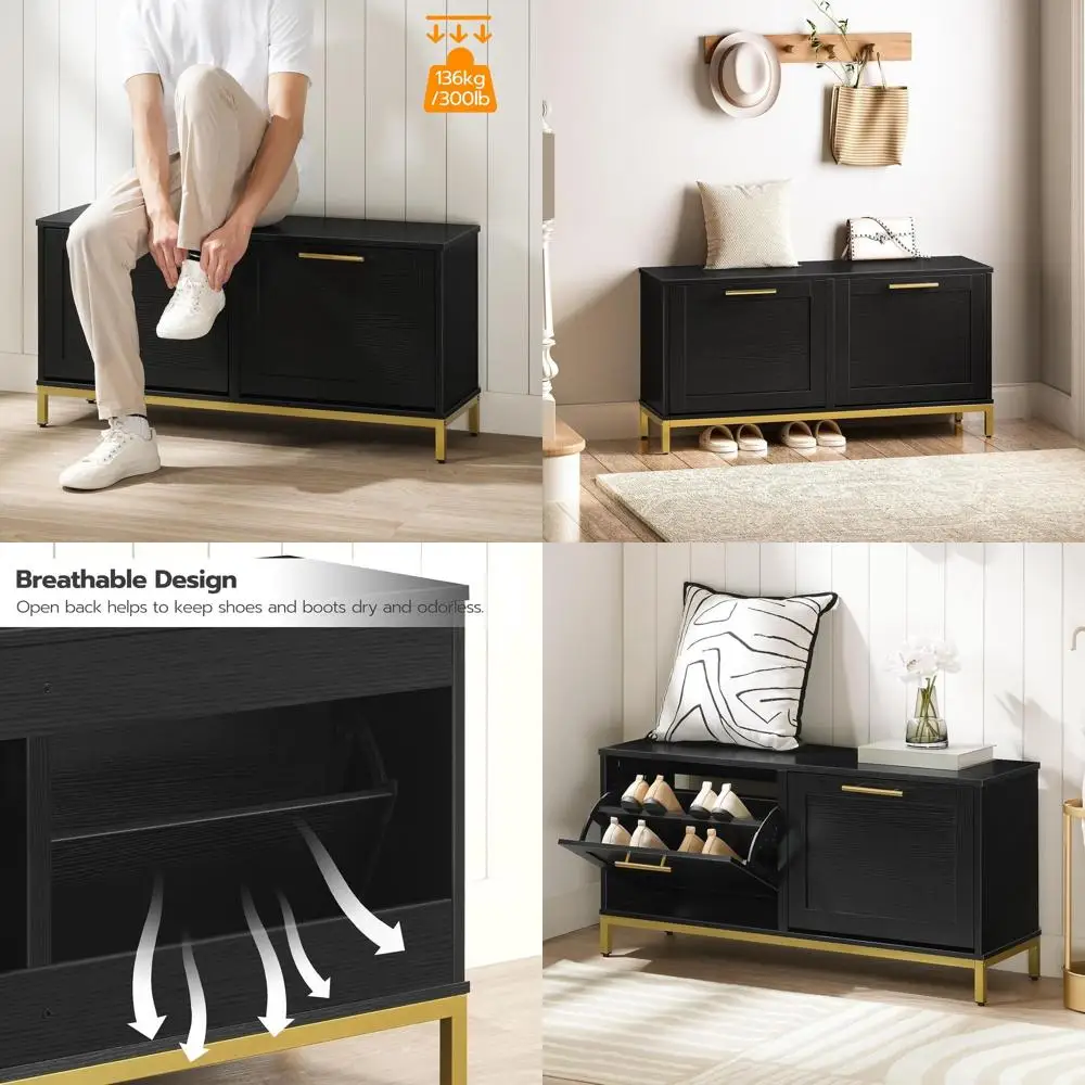 

Черно-золотая скамья для хранения обуви в прихожей с двумя ящиками, шкаф 39,4 для грязной комнаты, фойе, прихожей
