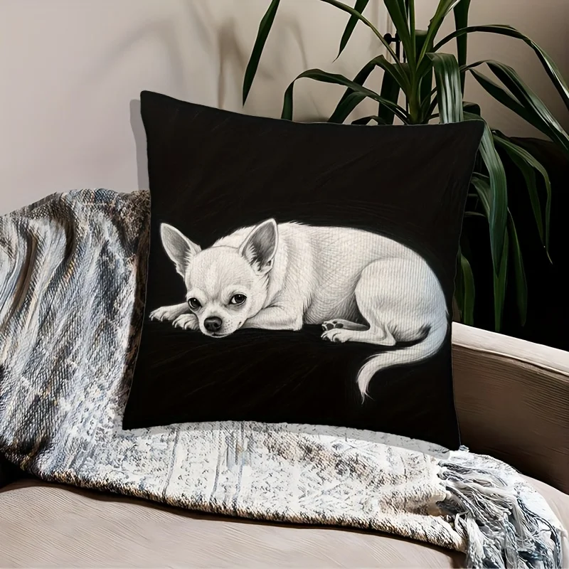 Double Sided Cute Chihuahua Dog Sketch Pattern Decorative Throw Pillow Case Funny Pet Theme Zip Cushion Cover for Sofa Couch