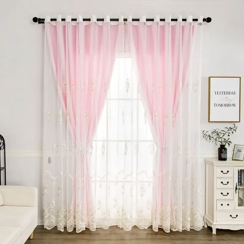 Princess Style Double-layer Curtain Solid Cloht Curtain Plus Embroidered Sheer Curtain for Bedroom Living Room