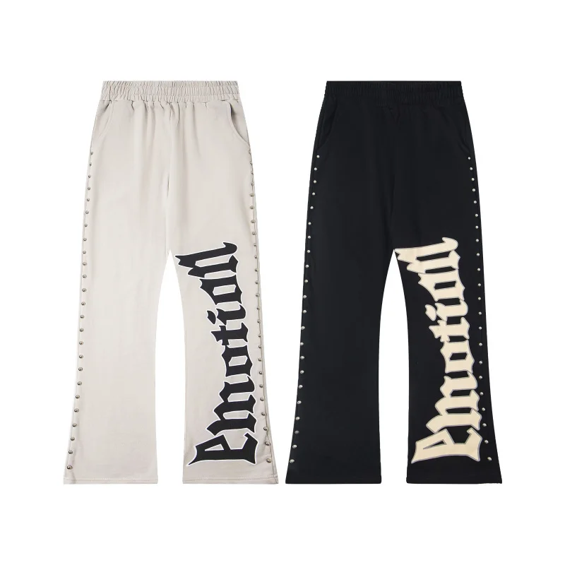 

American High Street Wide Leg Pants Loose Fit Bell Bot Letter Print Embellied Casual Trousers for Young Men