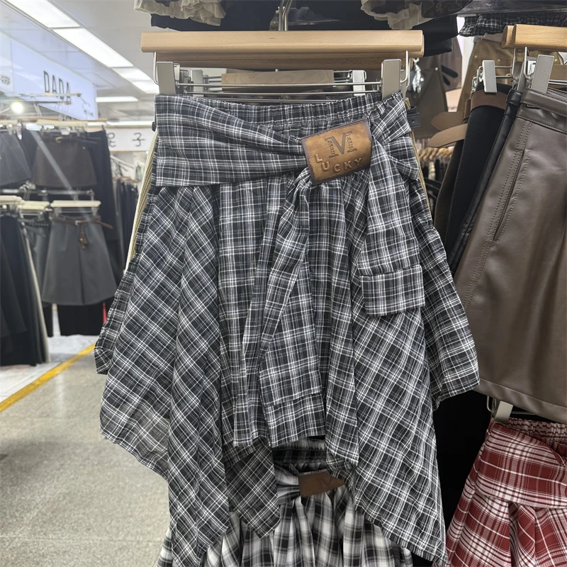 College style irregular checkered skirt for women autumn high waist spicy girl slimming A-line shirt short skirt