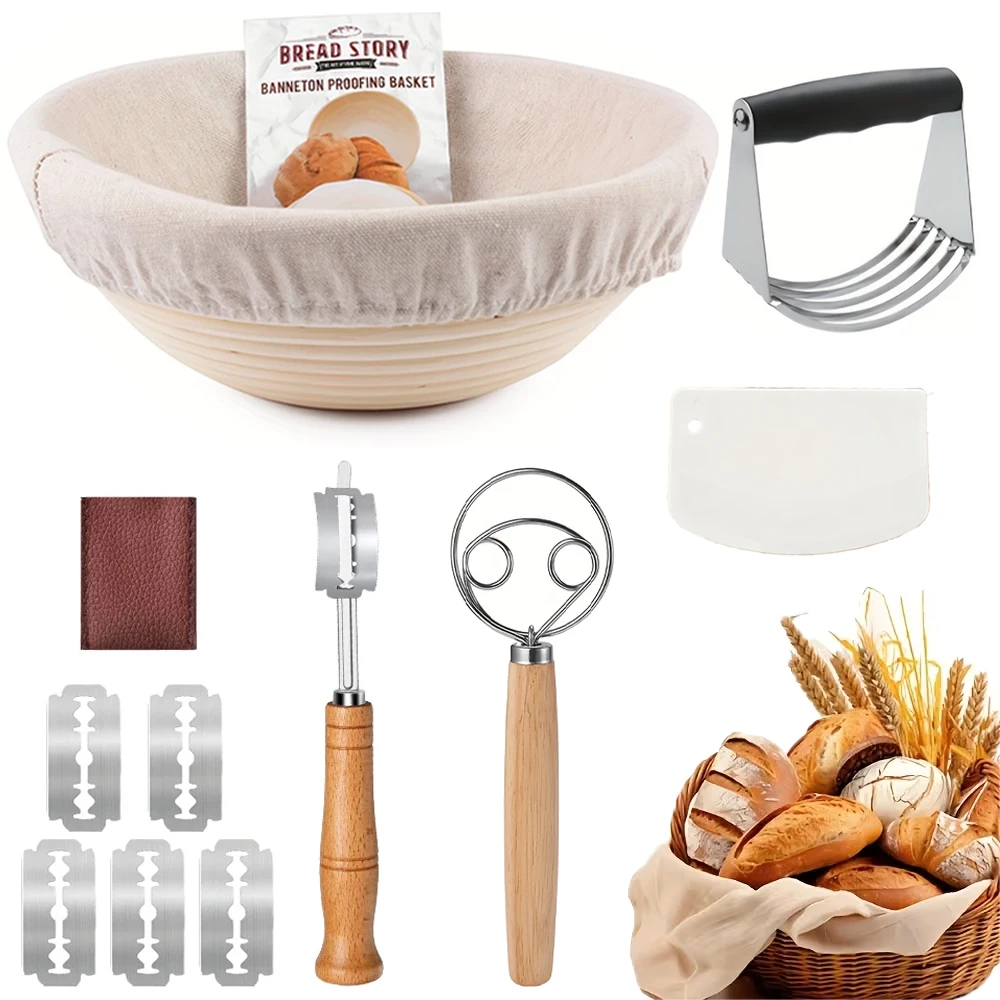 Yeast bread fermentation set, including 9-inch round proofing basket, whisk, flour sifter, dough scraper and bread knife.